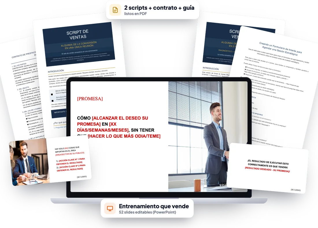 Kit Consigue Clientes: scripts de ventas, contrato, guía de agendamiento y entrenamiento en PowerPoint