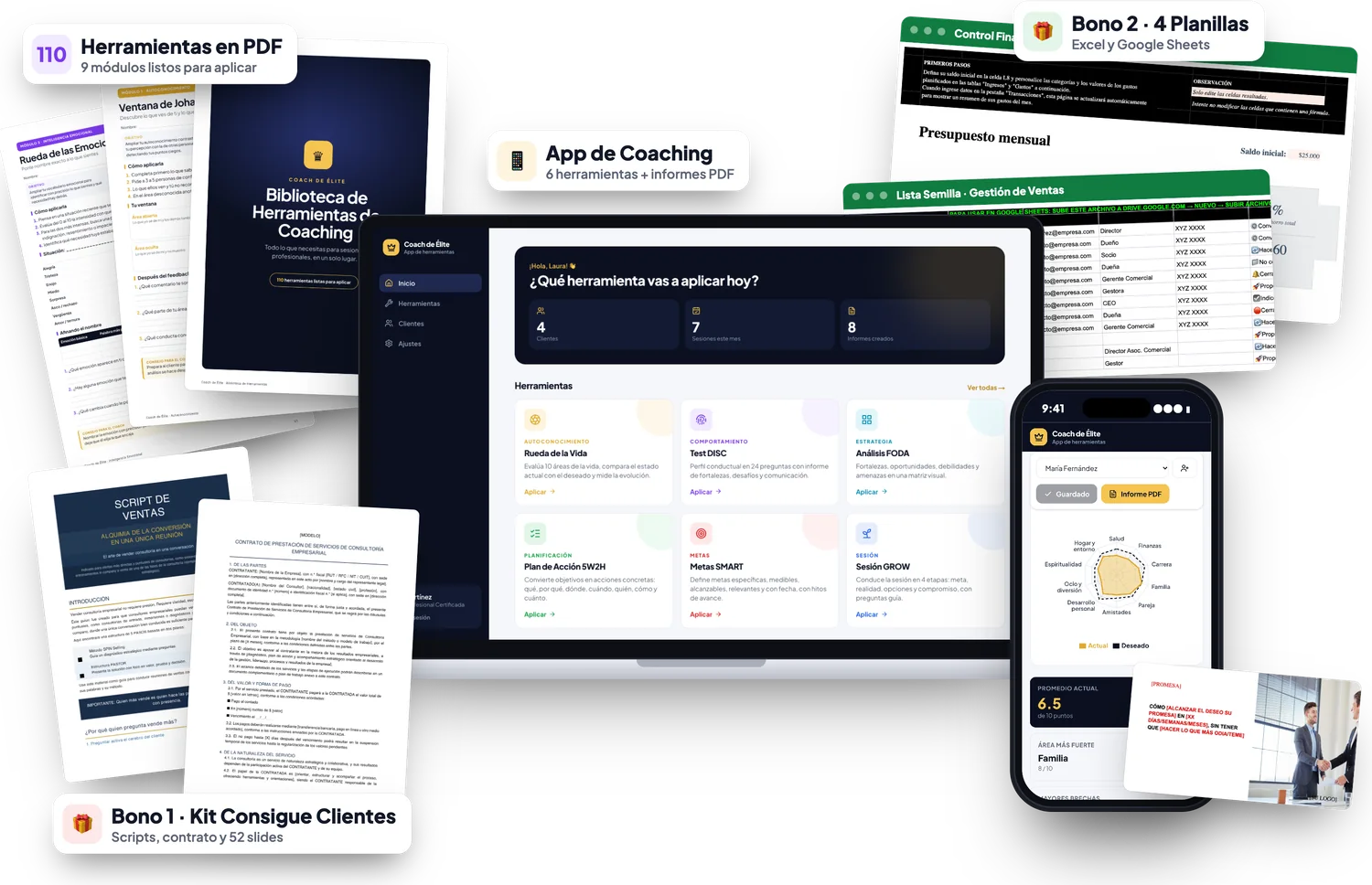 Todo el kit Coach de Élite: app en computadora y celular, biblioteca de 110 herramientas en PDF, scripts de ventas, contrato y planillas de gestión